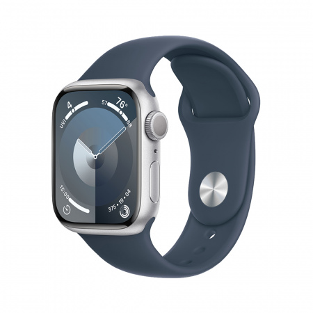 Apple Watch Series 9 GPS 45mm Silver aluminium case with Storm Blue sport band - S/M