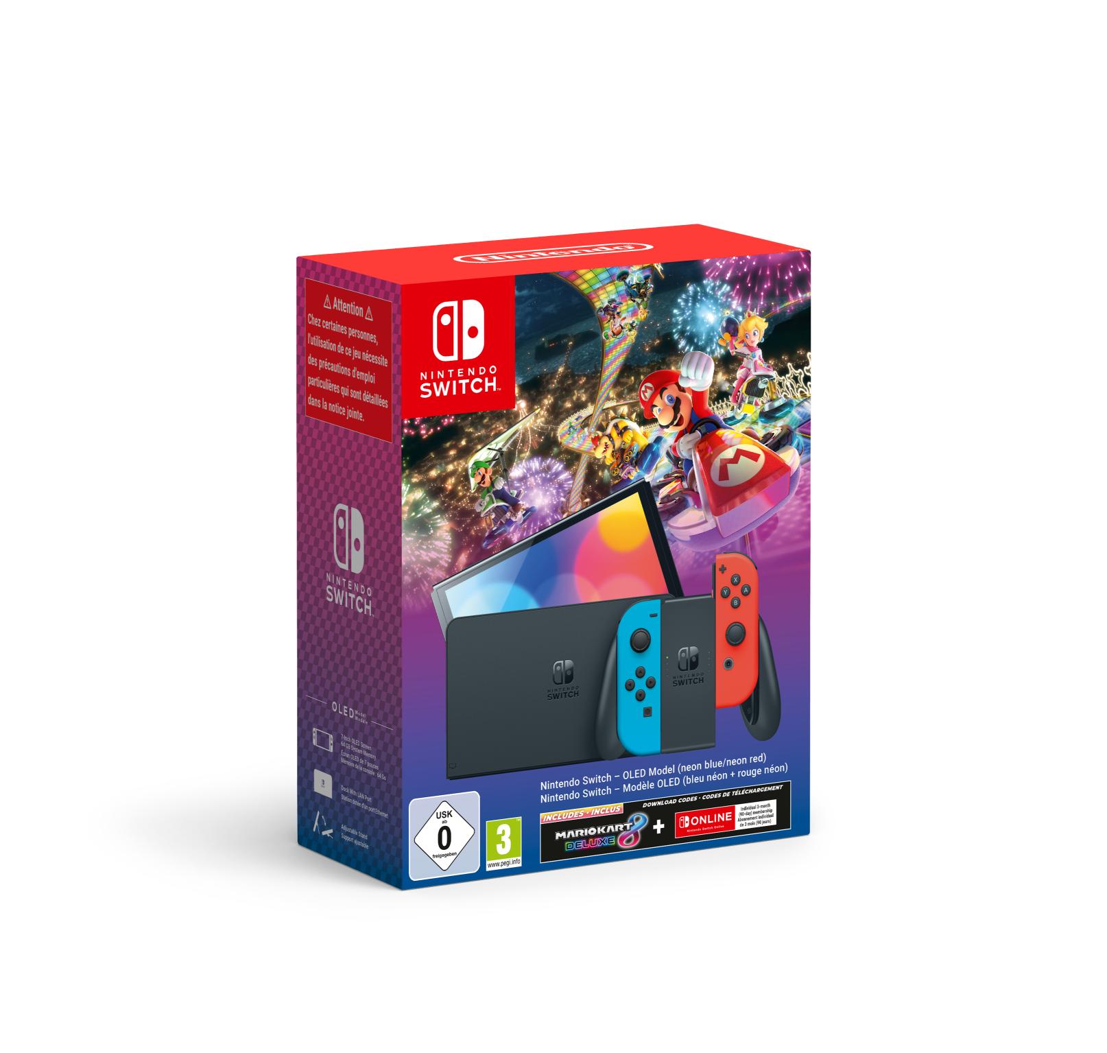 Nintendo Switch OLED Console - Red & Blue Joy-Con Mario Kart B Deluxe & 3M NSO Bundle