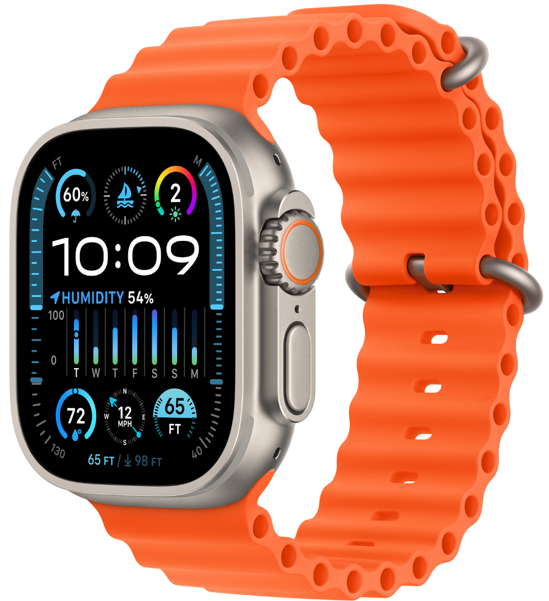 Apple Watch Ultra2 Cellular, 49mm Titanium Case w Orange Ocean Band