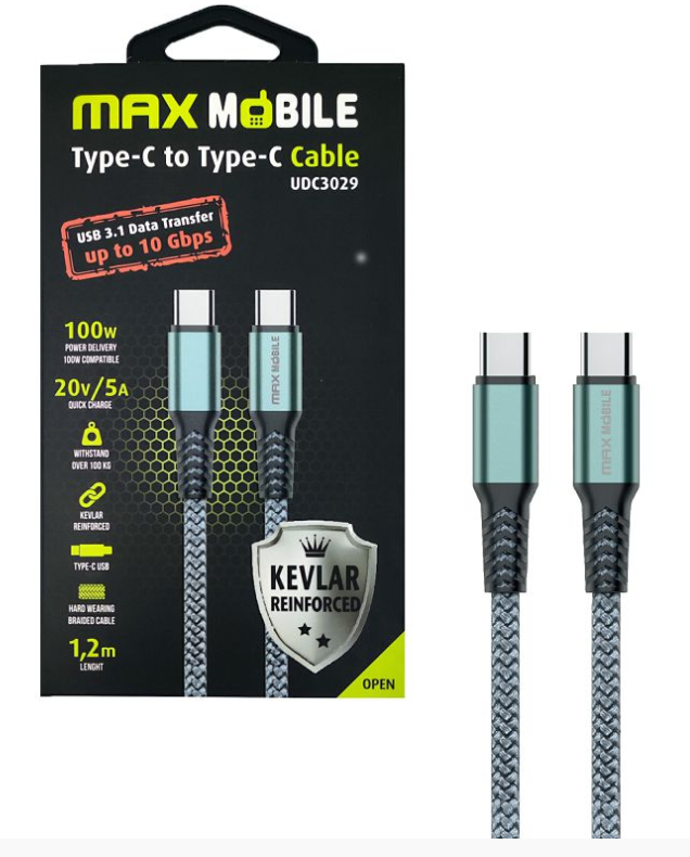 MAXMOBILE DATA KABEL TYPE C-TYPE C UDC3029 KEVLAR GRAY 3.1Gen.100W 5A 1.2m