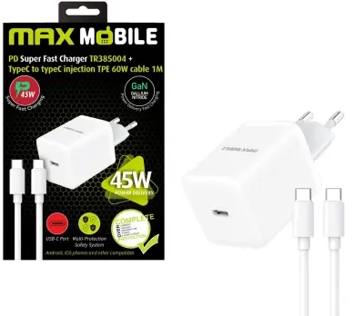 MAXMOBILE KUĆNI PUNJAČ PD SUPER FAST CHARGE SET 2U1 TYPE C+KABEL TR385004 45W