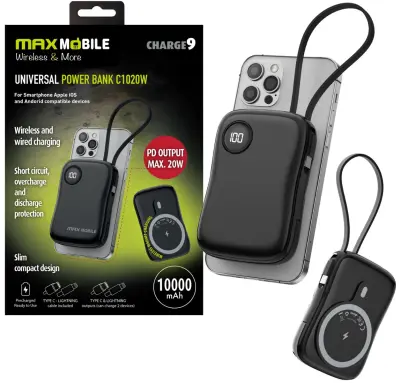 MAXMOBILE POWER BANK WIRELESS Magsafe C1020W 10000mAh 20W PD USB-C crni