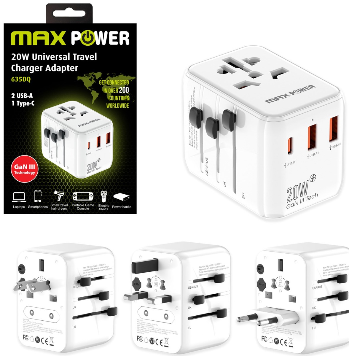 MAXPOWER ADAPTER PUTNI 635DQ Gan 1XPD Type C+2X USB A, BIJELI