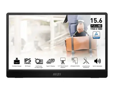 MSI 15.6" PRO Portable Monitor MP161 E2U, IPS Full HD, 60Hz, 4ms, Adaptive-Sync, Mini-HDMI, 2x USB-C, Tripod Socket, Zvučnici