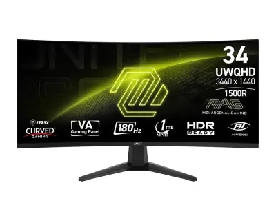 MSI 34" MAG Gaming Monitor MAG 346CQ, VA Curved UWQHD, 180Hz, 1ms, FreeSync Premium, DisplayPort, 2x HDMI, HDR Ready